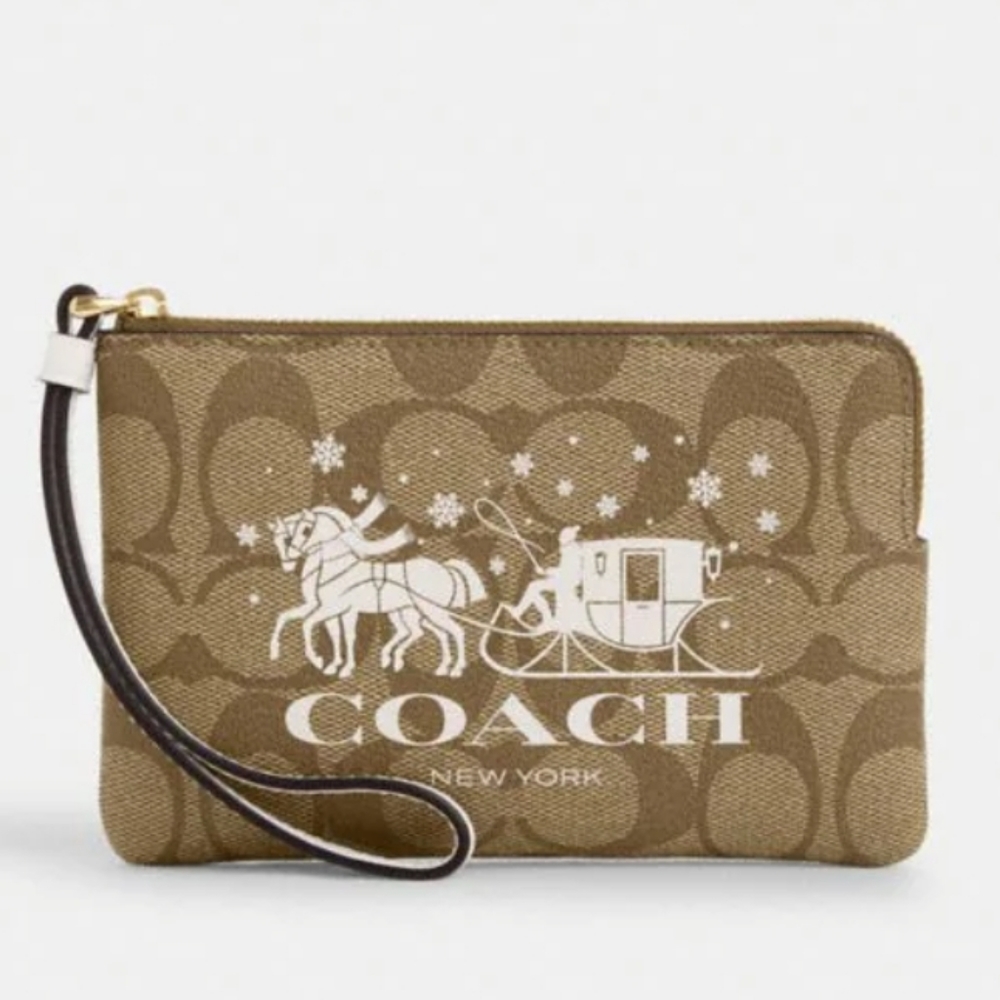 Coach Corner Zip Wristlet Signature Canvas Horse and Sleigh